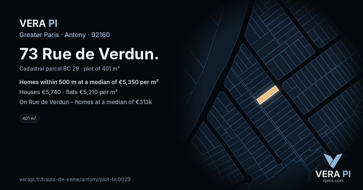 73 Rue de Verdun, Antony at night – the plot lit, the parcels around coloured by the prices near them