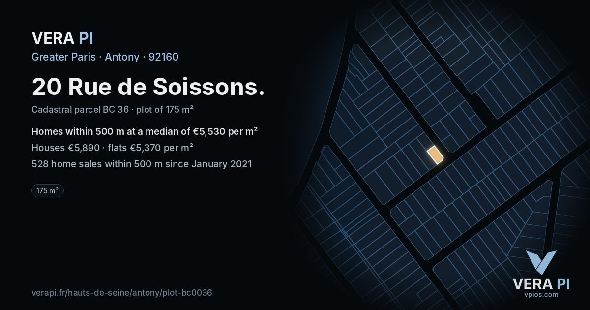 20 Rue de Soissons, Antony at night – the plot lit, the parcels around coloured by the prices near them