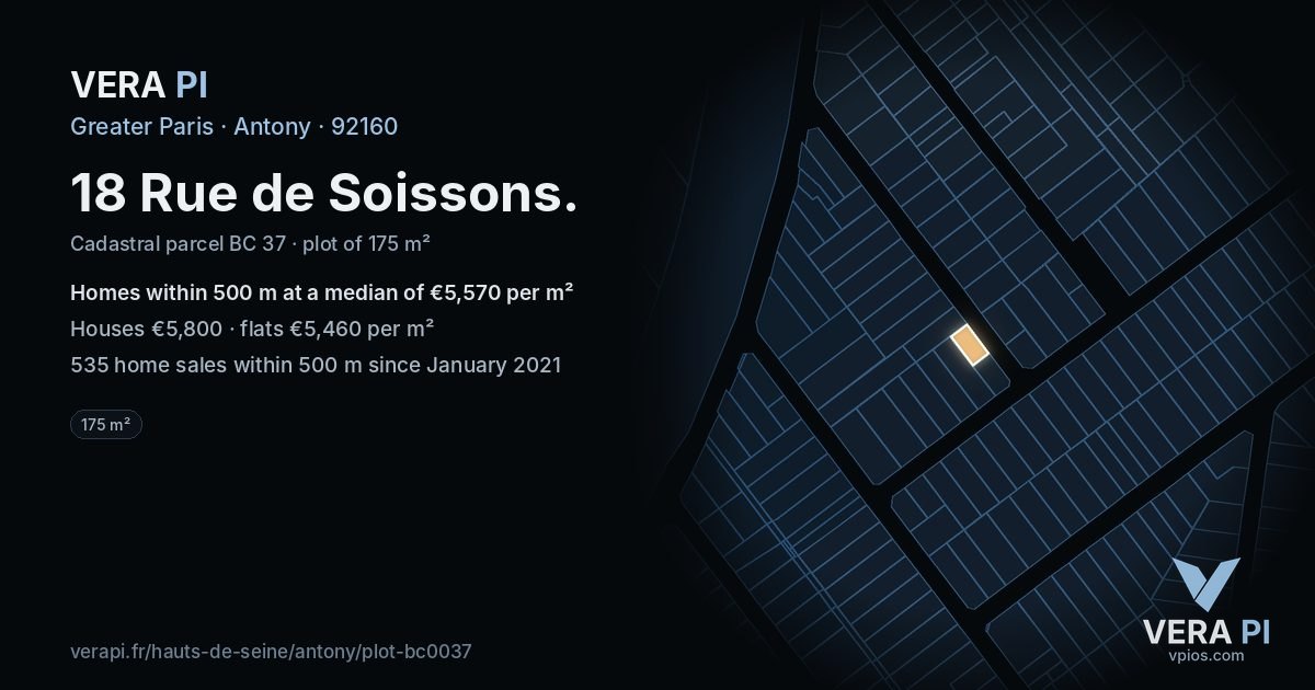 18 Rue de Soissons, Antony at night – the plot lit, the parcels around coloured by the prices near them