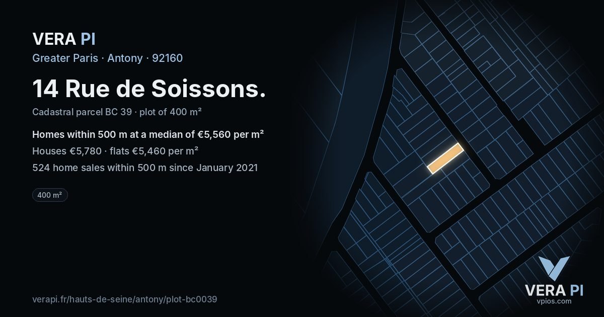 14 Rue de Soissons, Antony at night – the plot lit, the parcels around coloured by the prices near them