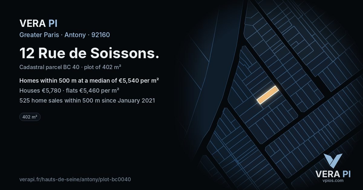 12 Rue de Soissons, Antony at night – the plot lit, the parcels around coloured by the prices near them