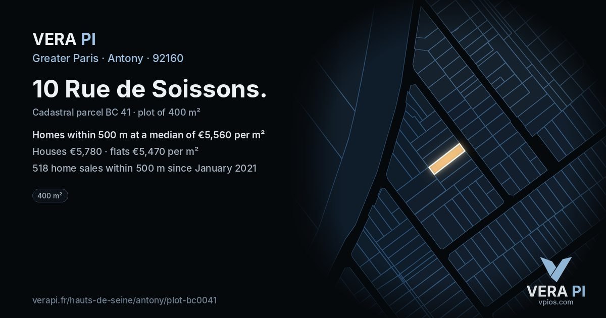 10 Rue de Soissons, Antony at night – the plot lit, the parcels around coloured by the prices near them