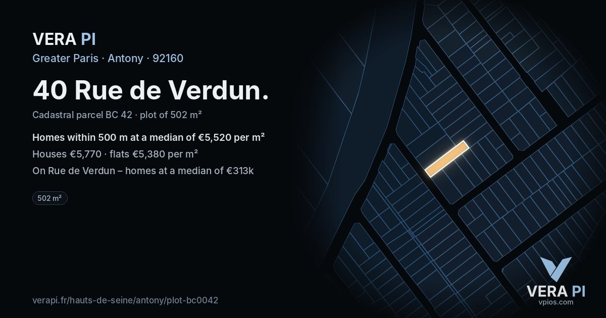 40 Rue de Verdun, Antony at night – the plot lit, the parcels around coloured by the prices near them