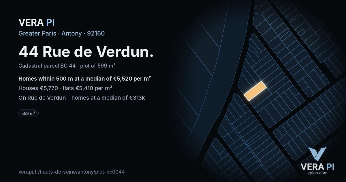 44 Rue de Verdun, Antony at night – the plot lit, the parcels around coloured by the prices near them