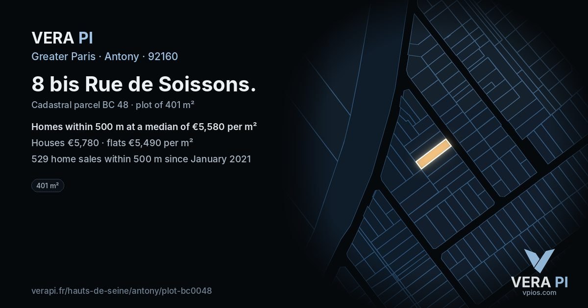 8 bis Rue de Soissons, Antony at night – the plot lit, the parcels around coloured by the prices near them