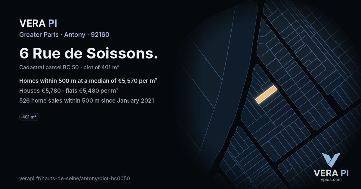 6 Rue de Soissons, Antony at night – the plot lit, the parcels around coloured by the prices near them