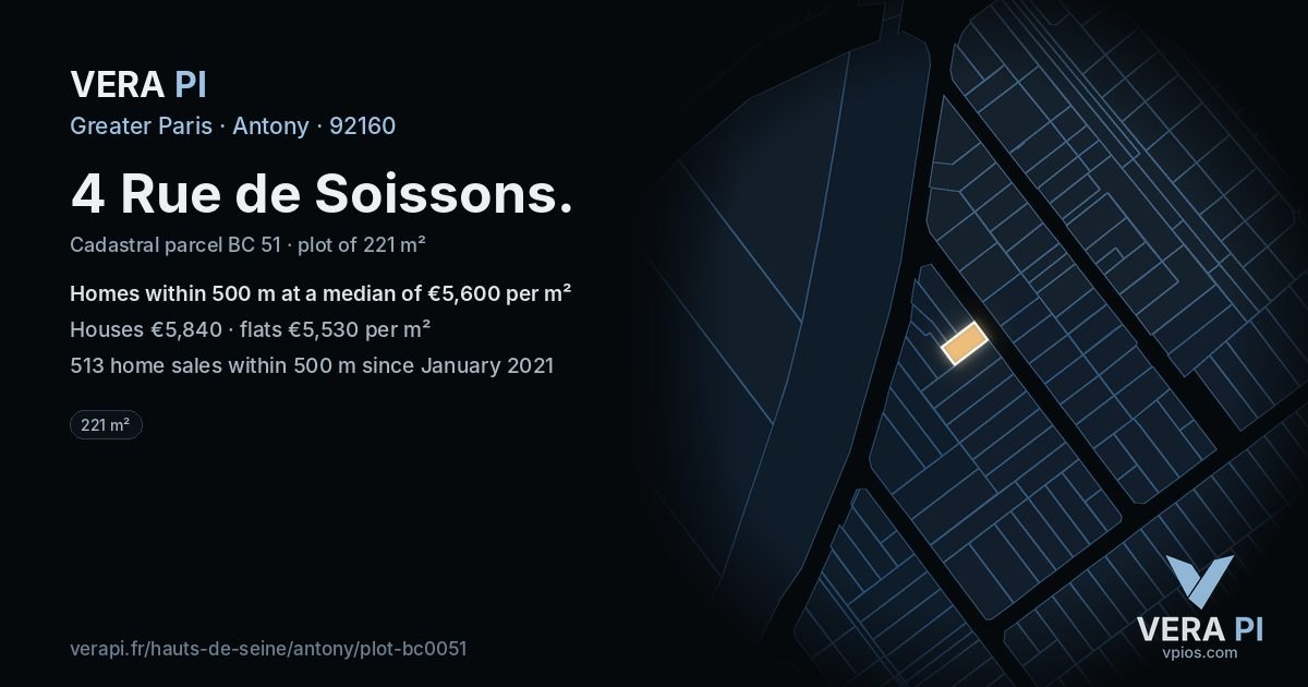 4 Rue de Soissons, Antony at night – the plot lit, the parcels around coloured by the prices near them