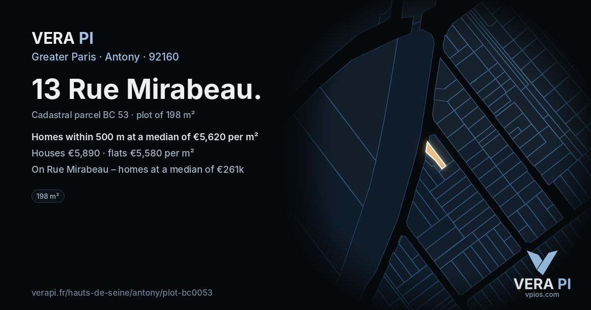 13 Rue Mirabeau, Antony at night – the plot lit, the parcels around coloured by the prices near them