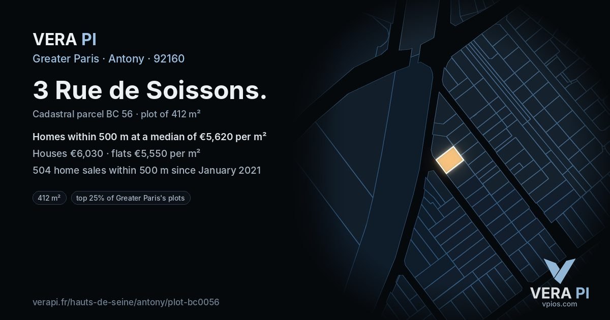 3 Rue de Soissons, Antony at night – the plot lit, the parcels around coloured by the prices near them