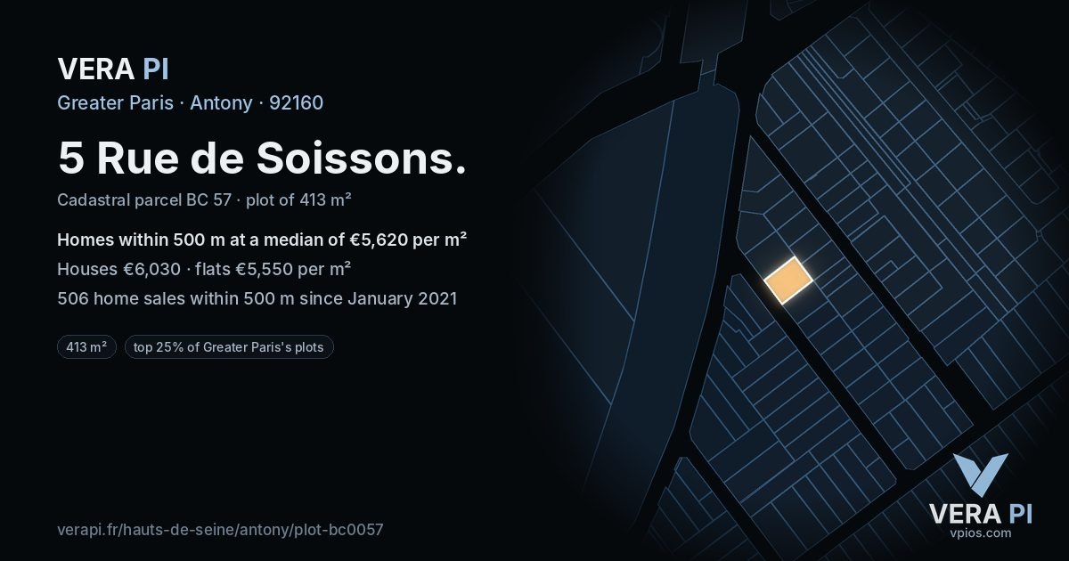 5 Rue de Soissons, Antony at night – the plot lit, the parcels around coloured by the prices near them