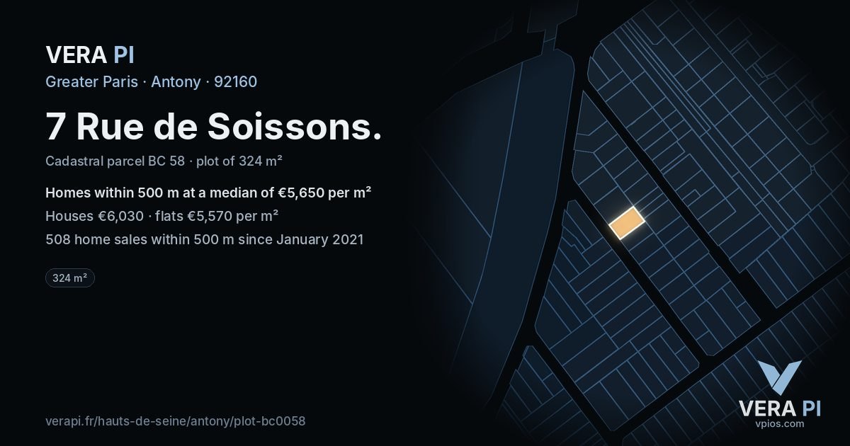 7 Rue de Soissons, Antony at night – the plot lit, the parcels around coloured by the prices near them