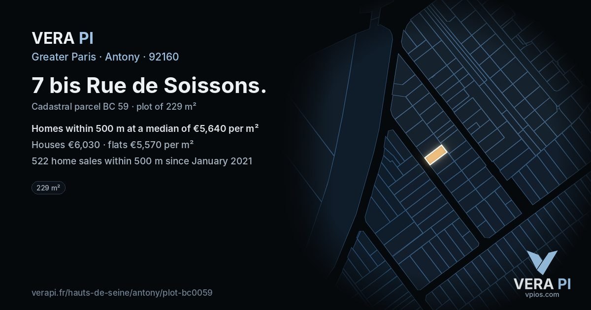7 bis Rue de Soissons, Antony at night – the plot lit, the parcels around coloured by the prices near them