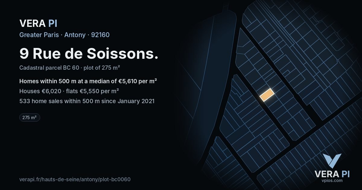 9 Rue de Soissons, Antony at night – the plot lit, the parcels around coloured by the prices near them