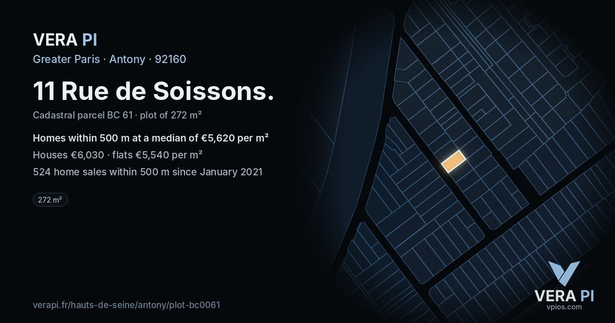 11 Rue de Soissons, Antony at night – the plot lit, the parcels around coloured by the prices near them