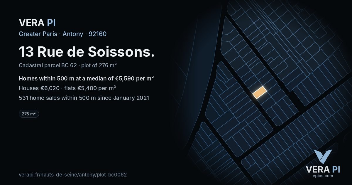 13 Rue de Soissons, Antony at night – the plot lit, the parcels around coloured by the prices near them
