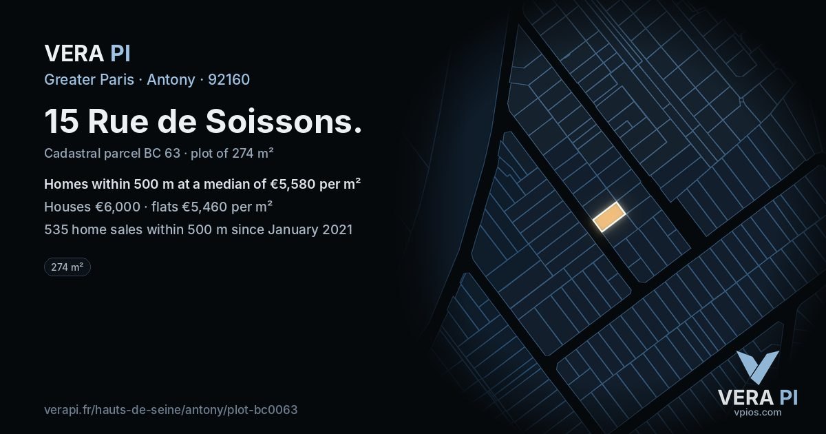 15 Rue de Soissons, Antony at night – the plot lit, the parcels around coloured by the prices near them