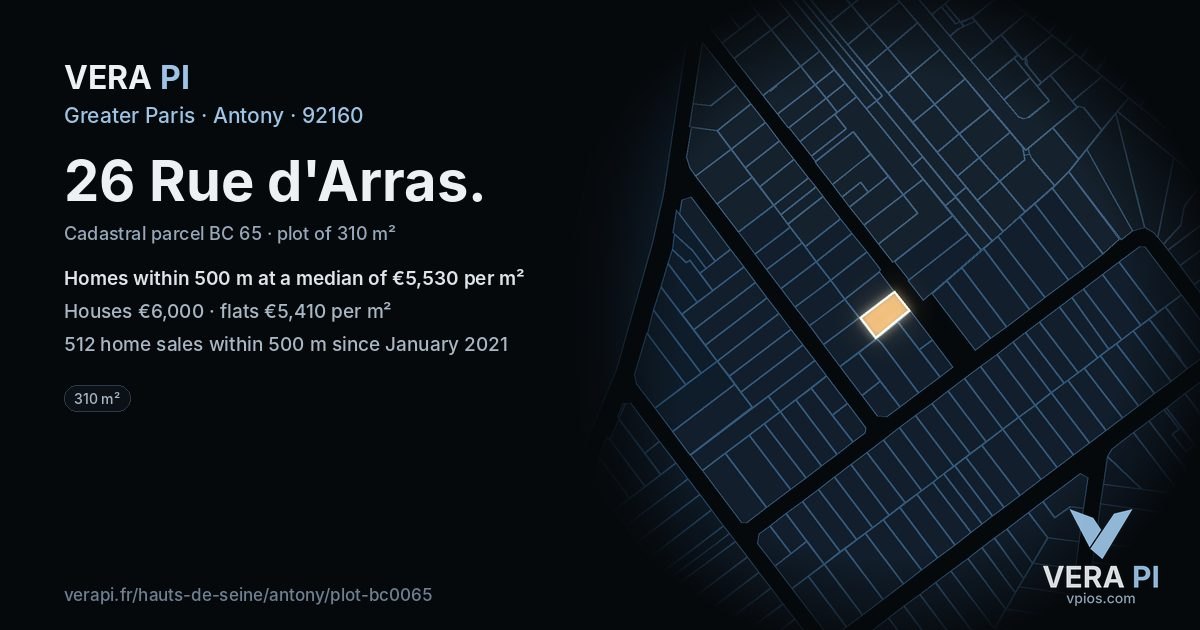 26 Rue d'Arras, Antony at night – the plot lit, the parcels around coloured by the prices near them