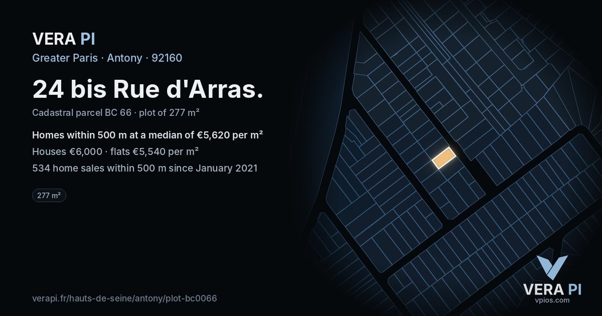24 bis Rue d'Arras, Antony at night – the plot lit, the parcels around coloured by the prices near them