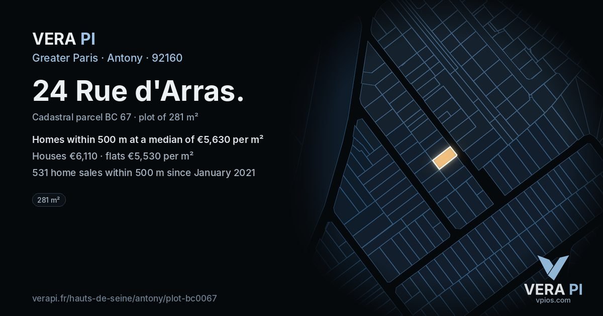 24 Rue d'Arras, Antony at night – the plot lit, the parcels around coloured by the prices near them