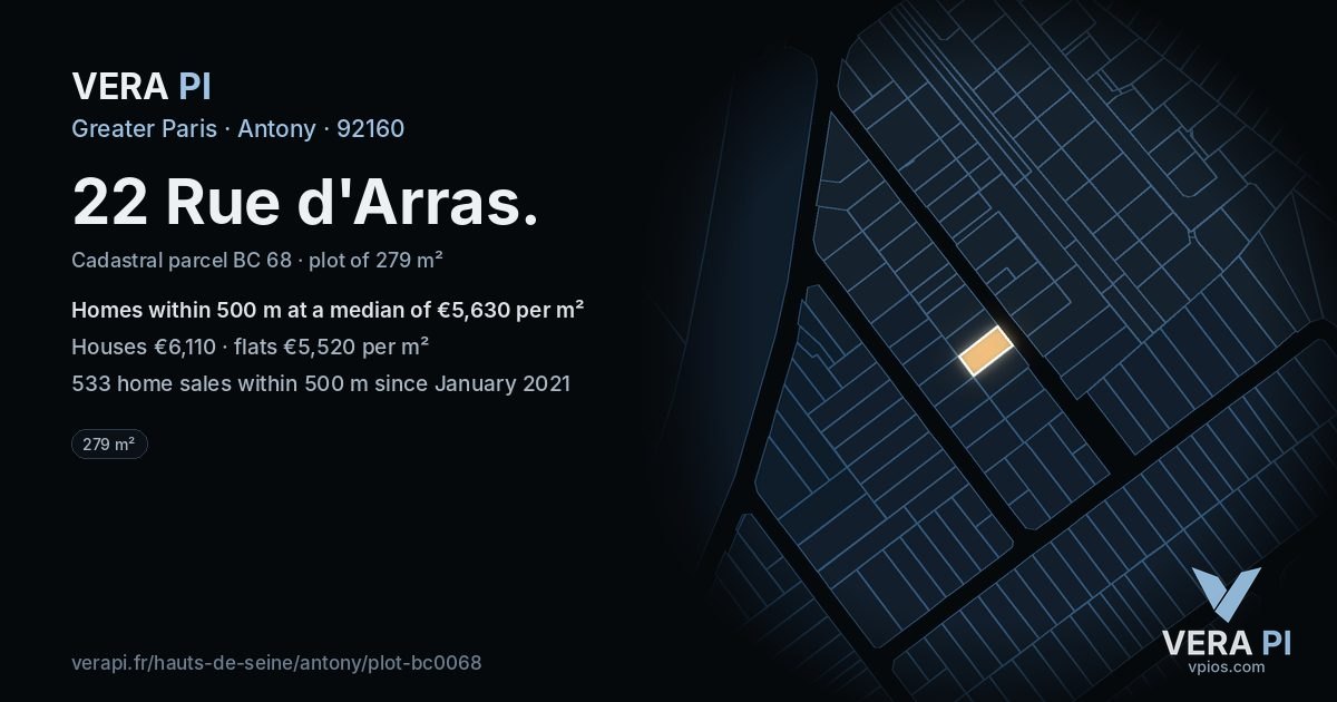 22 Rue d'Arras, Antony at night – the plot lit, the parcels around coloured by the prices near them