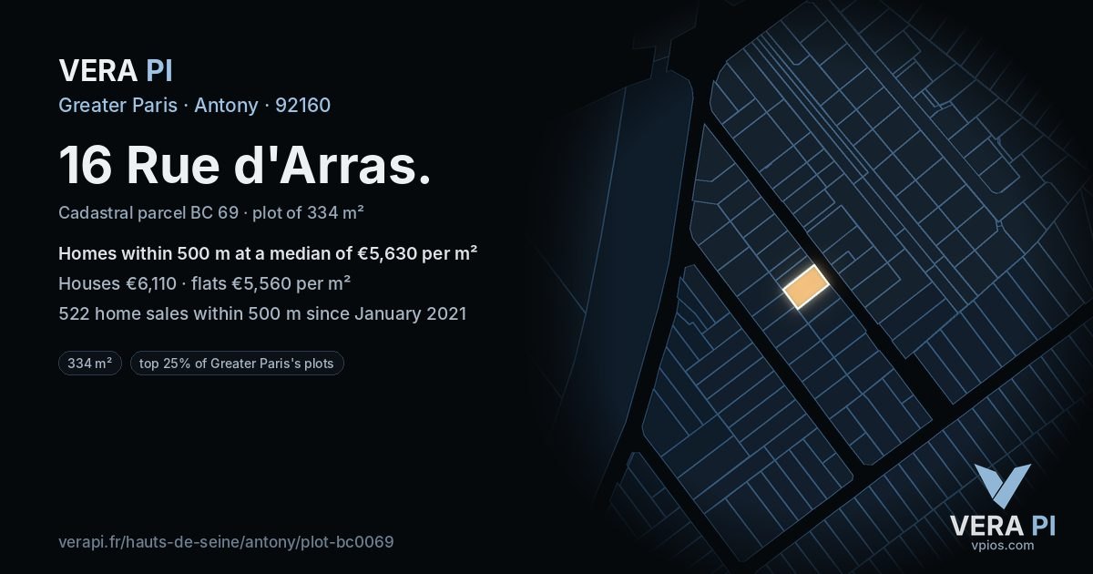 16 Rue d'Arras, Antony at night – the plot lit, the parcels around coloured by the prices near them