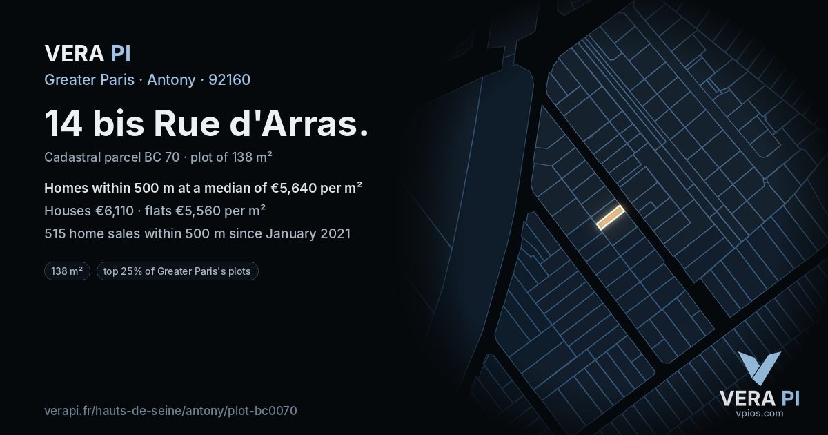 14 bis Rue d'Arras, Antony at night – the plot lit, the parcels around coloured by the prices near them