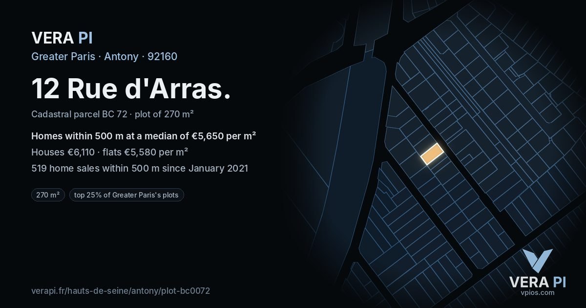 12 Rue d'Arras, Antony at night – the plot lit, the parcels around coloured by the prices near them