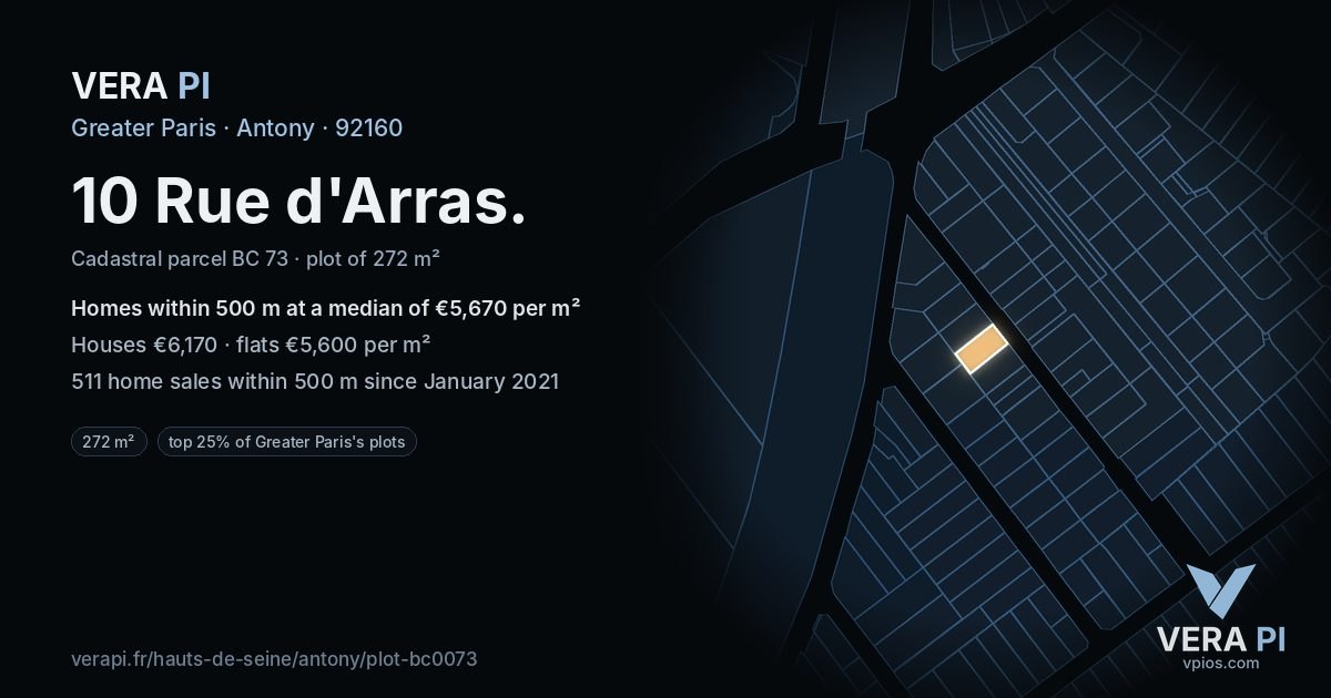 10 Rue d'Arras, Antony at night – the plot lit, the parcels around coloured by the prices near them