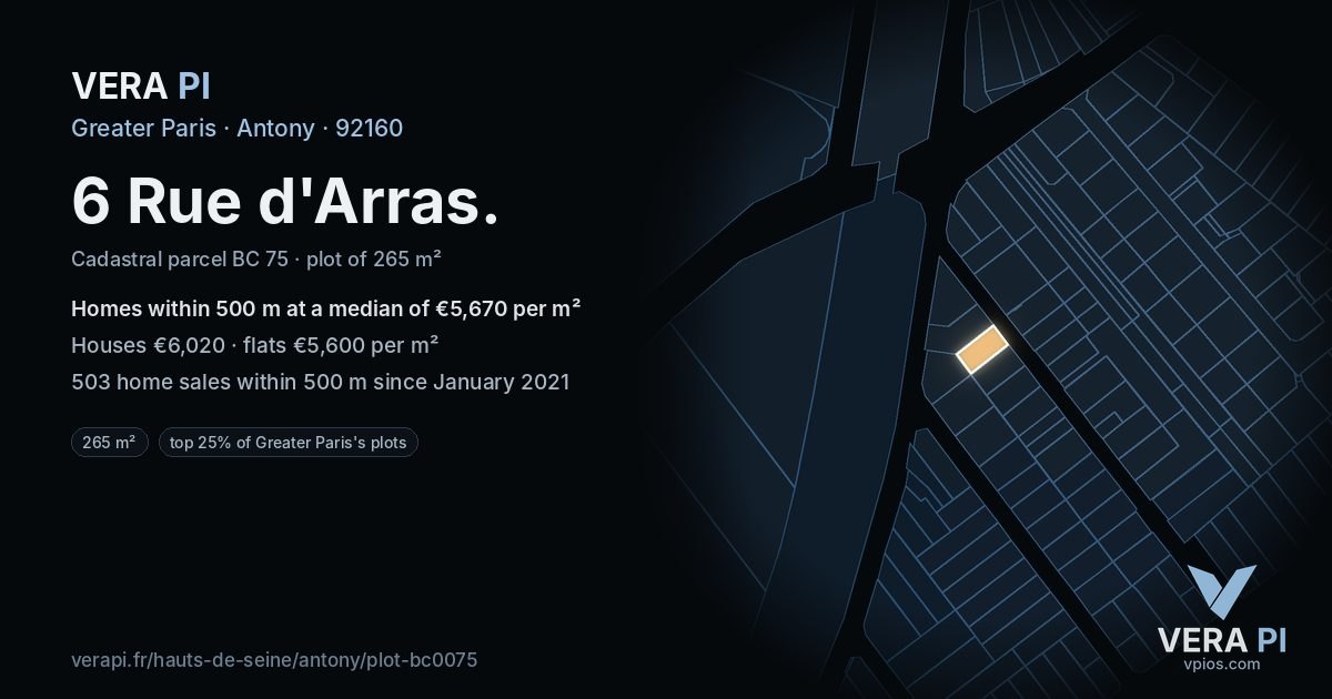 6 Rue d'Arras, Antony at night – the plot lit, the parcels around coloured by the prices near them