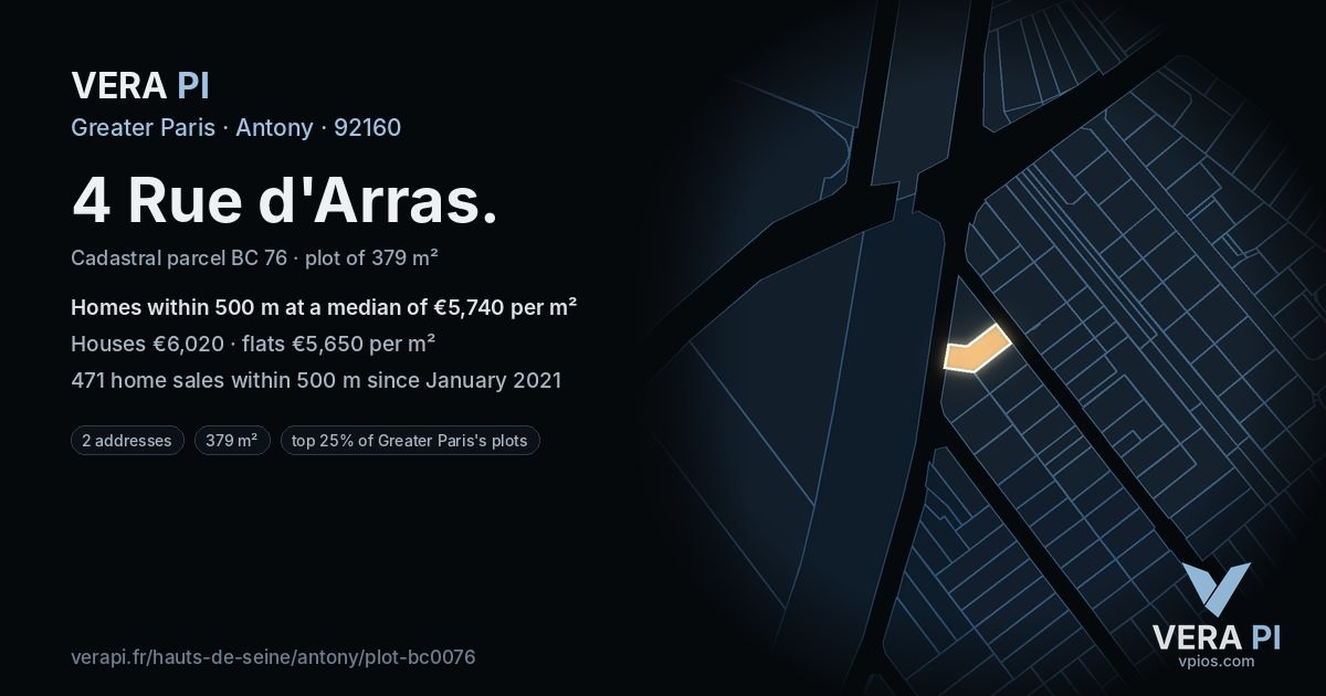 4 Rue d'Arras, Antony at night – the plot lit, the parcels around coloured by the prices near them