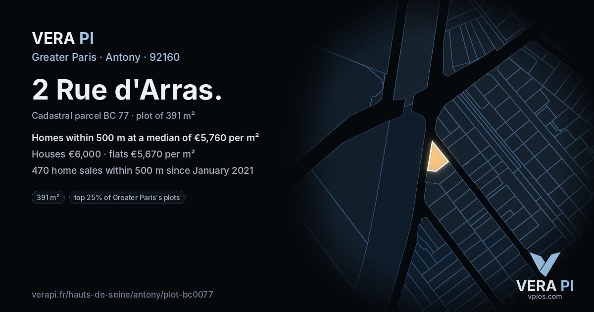 2 Rue d'Arras, Antony at night – the plot lit, the parcels around coloured by the prices near them