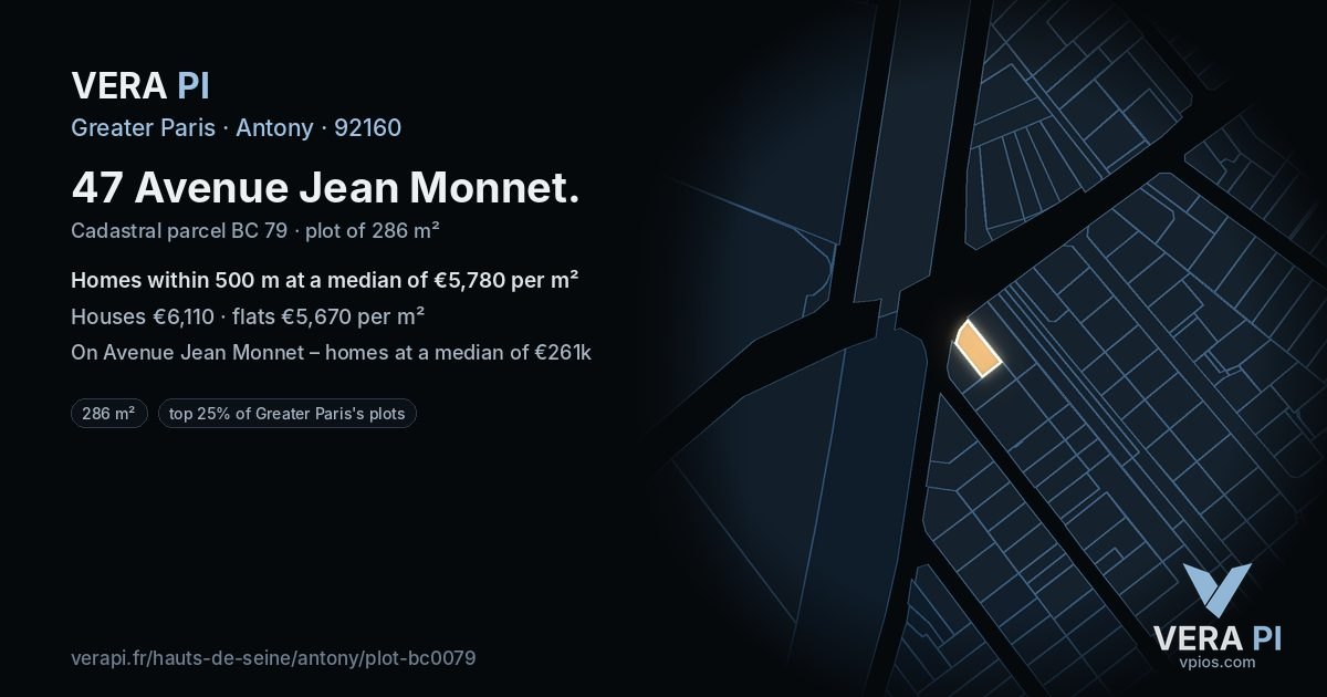47 Avenue Jean Monnet, Antony at night – the plot lit, the parcels around coloured by the prices near them