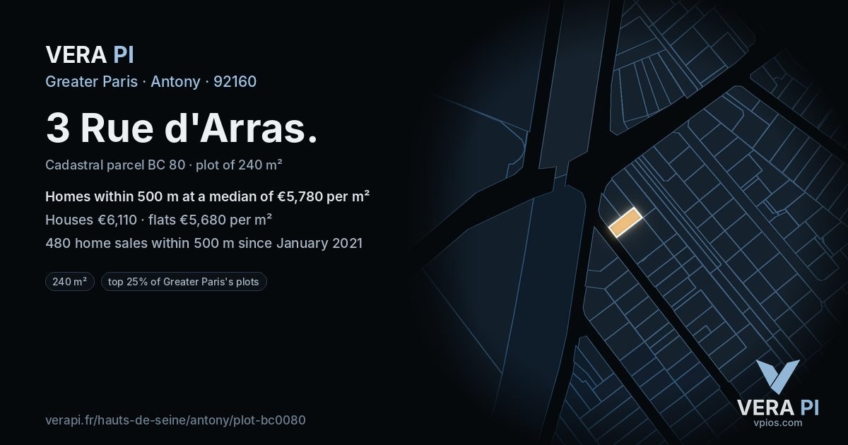 3 Rue d'Arras, Antony at night – the plot lit, the parcels around coloured by the prices near them