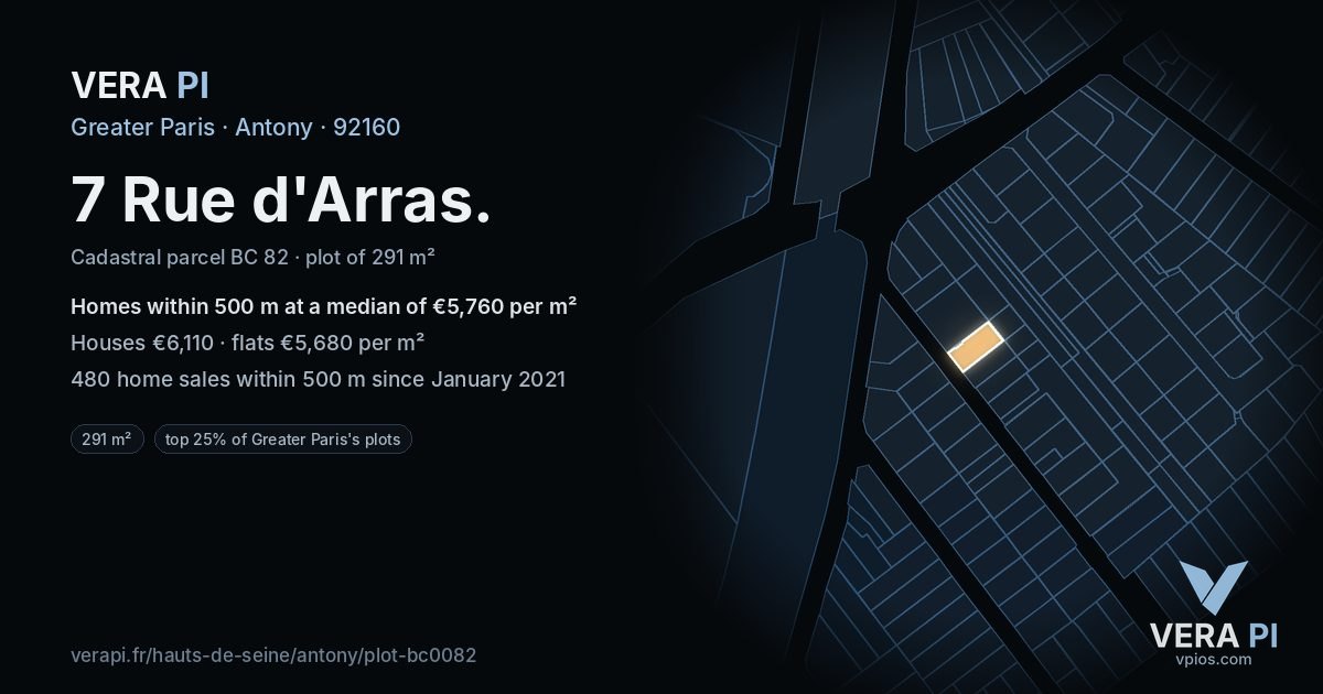 7 Rue d'Arras, Antony at night – the plot lit, the parcels around coloured by the prices near them