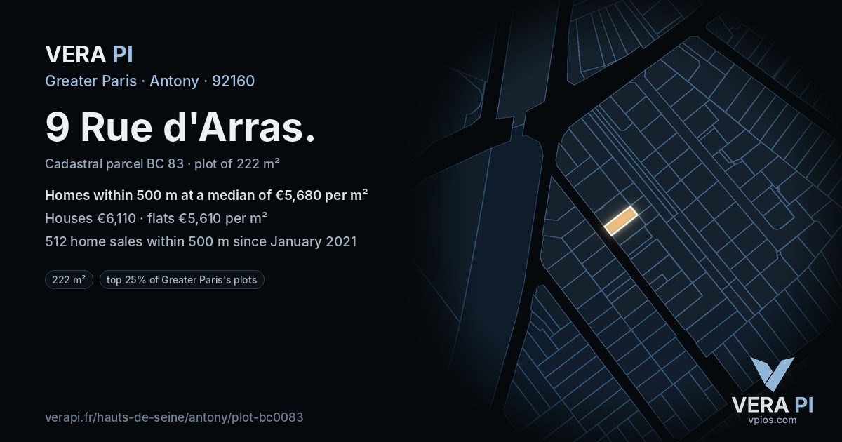 9 Rue d'Arras, Antony at night – the plot lit, the parcels around coloured by the prices near them