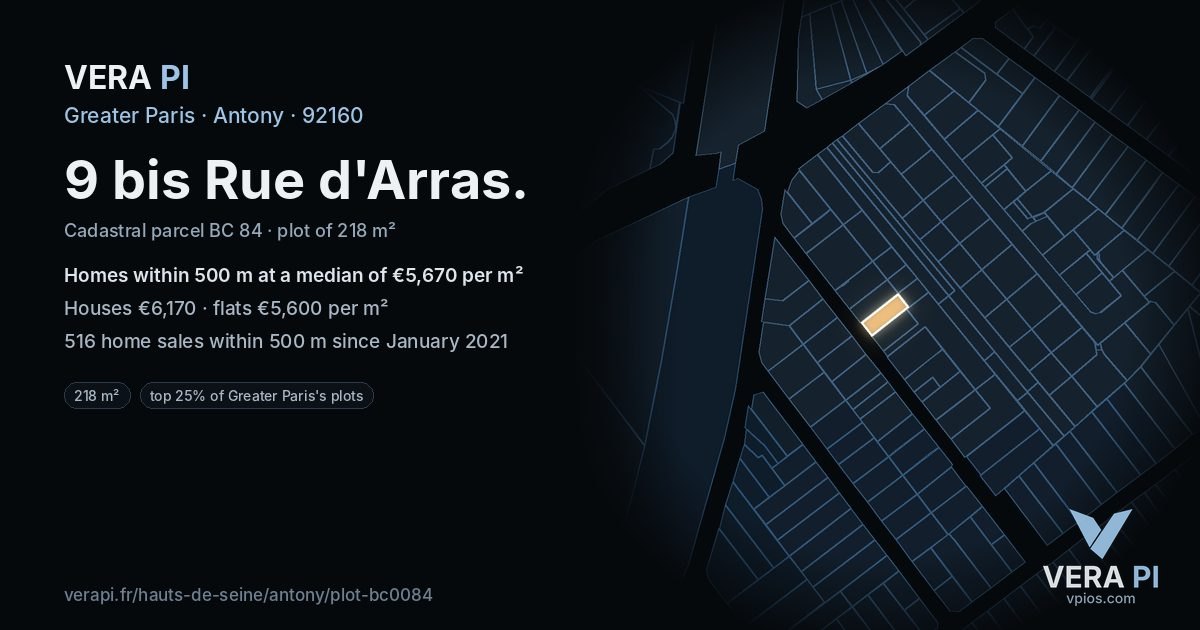 9 bis Rue d'Arras, Antony at night – the plot lit, the parcels around coloured by the prices near them