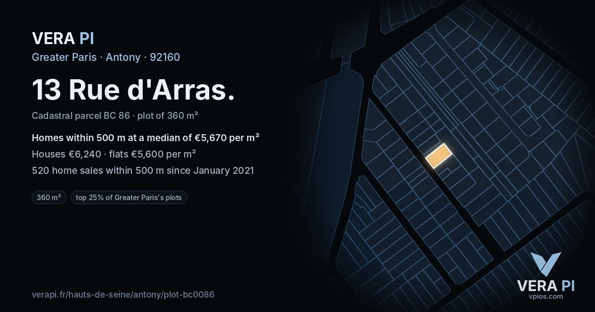 13 Rue d'Arras, Antony at night – the plot lit, the parcels around coloured by the prices near them