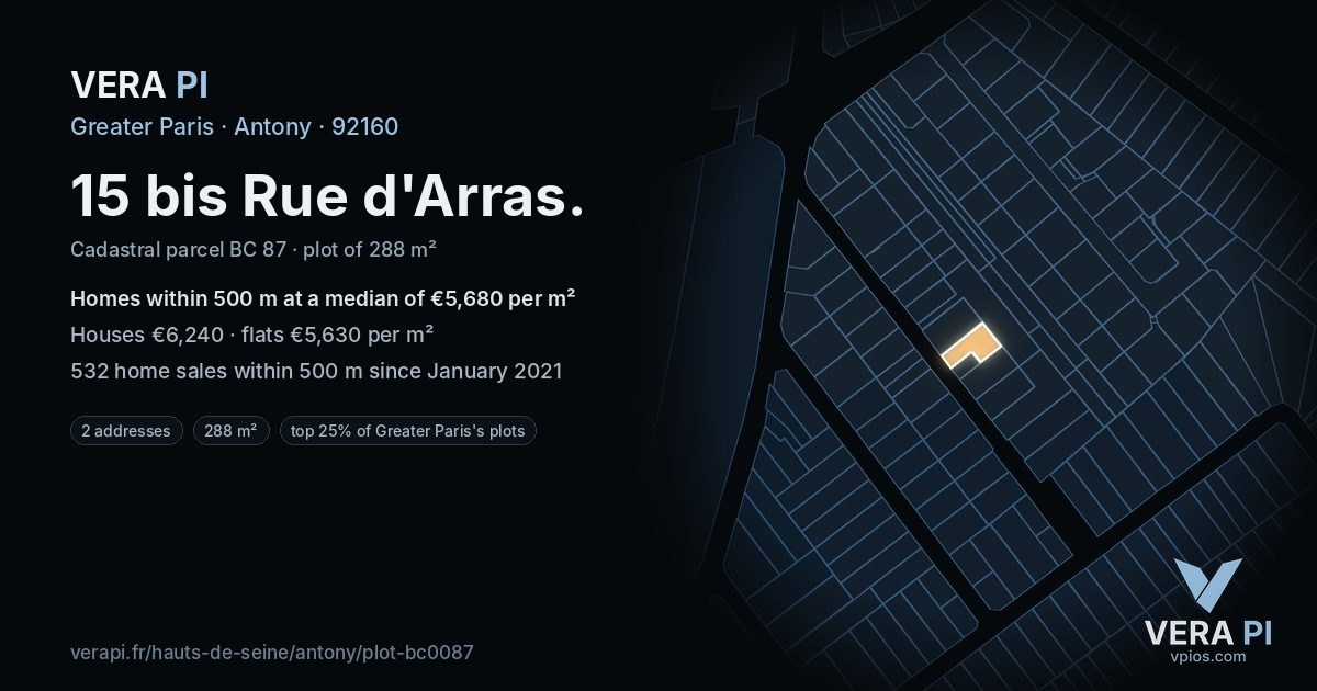 15 bis Rue d'Arras, Antony at night – the plot lit, the parcels around coloured by the prices near them