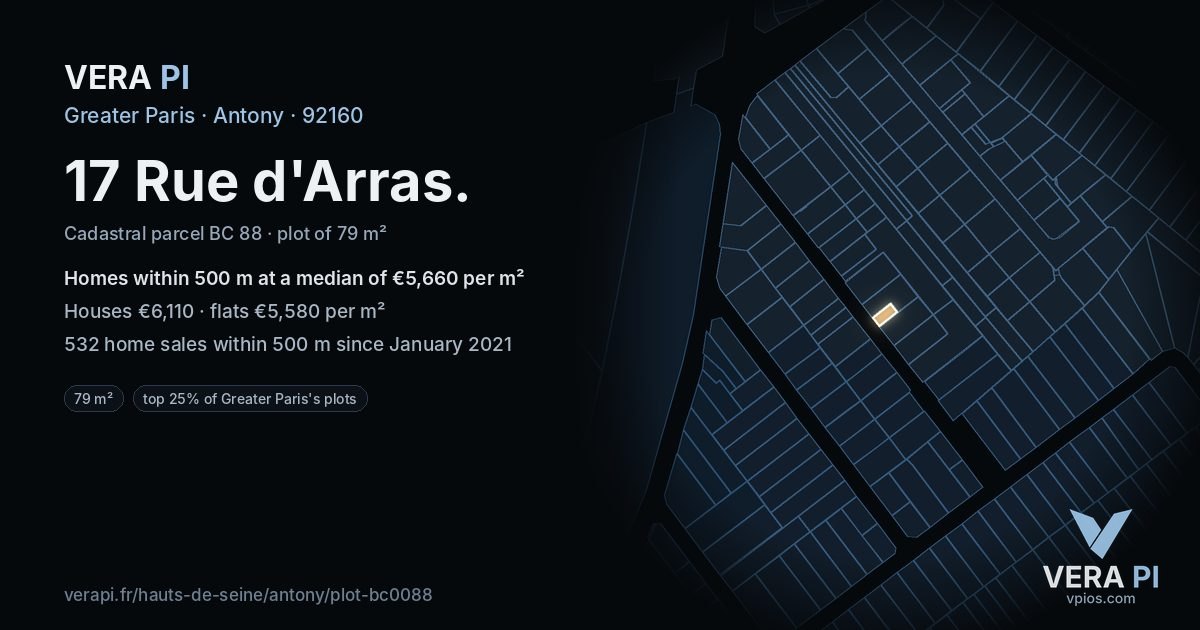 17 Rue d'Arras, Antony at night – the plot lit, the parcels around coloured by the prices near them