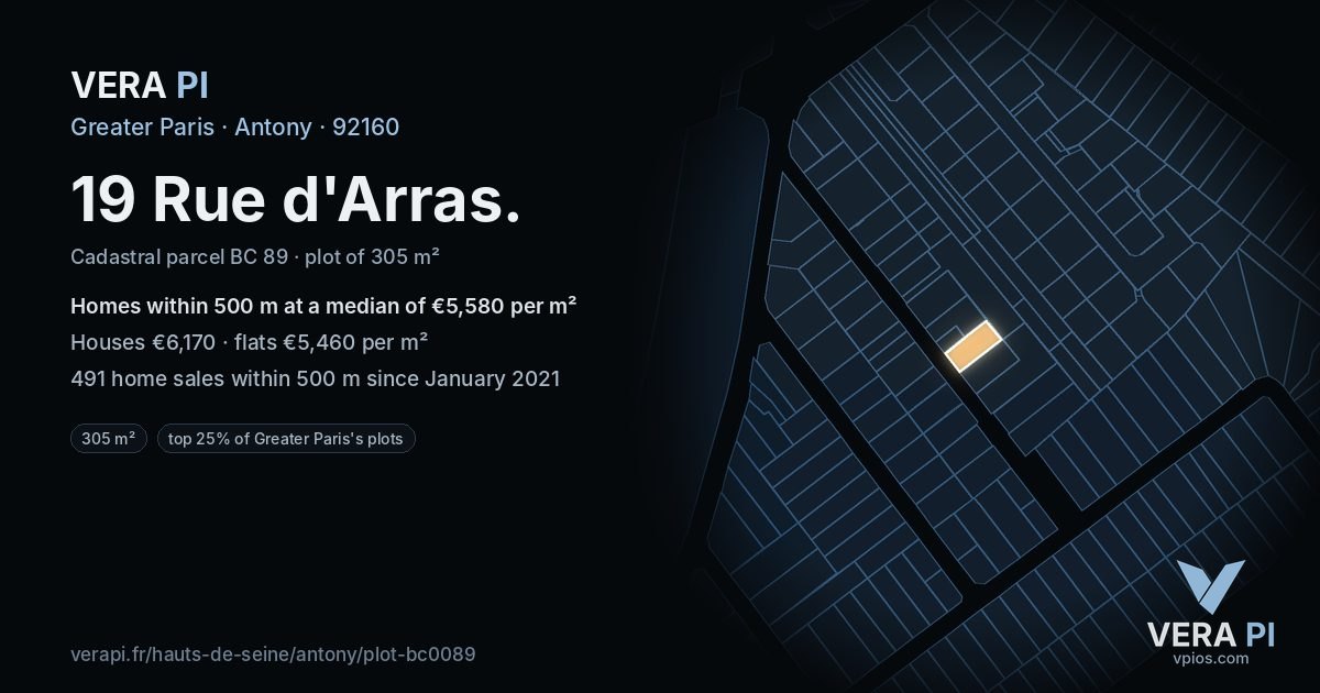 19 Rue d'Arras, Antony at night – the plot lit, the parcels around coloured by the prices near them