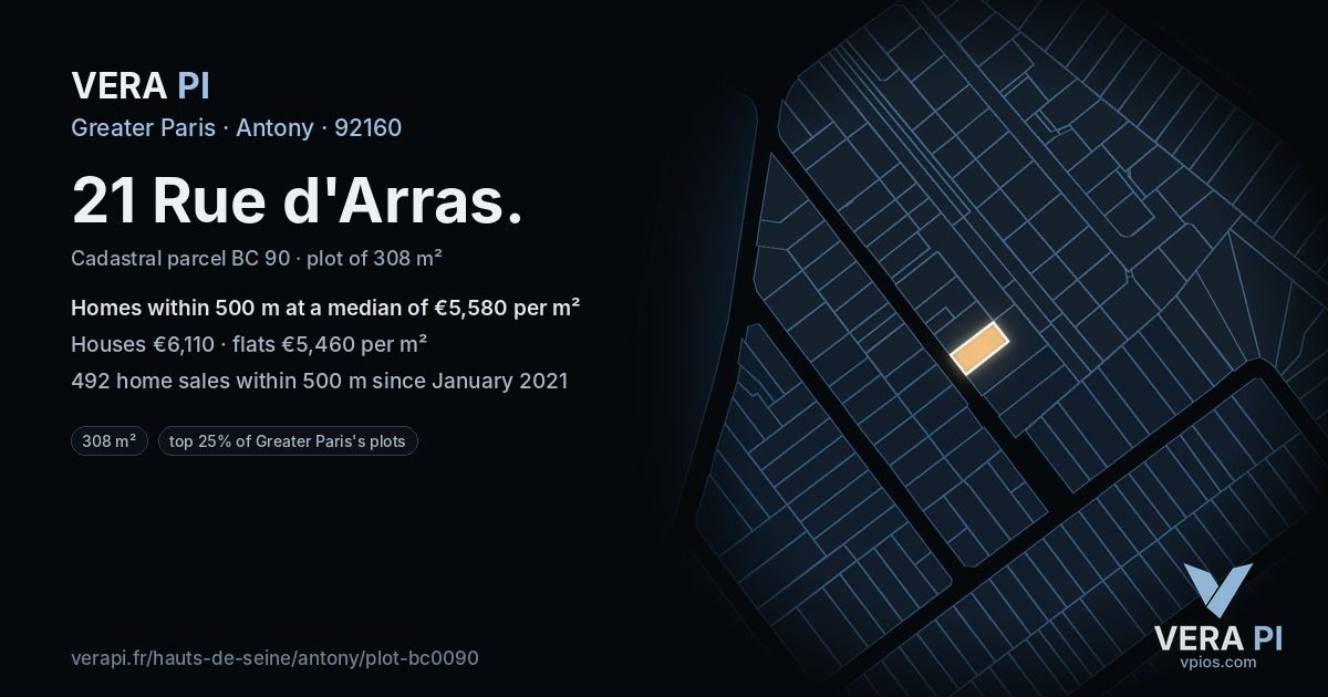 21 Rue d'Arras, Antony at night – the plot lit, the parcels around coloured by the prices near them