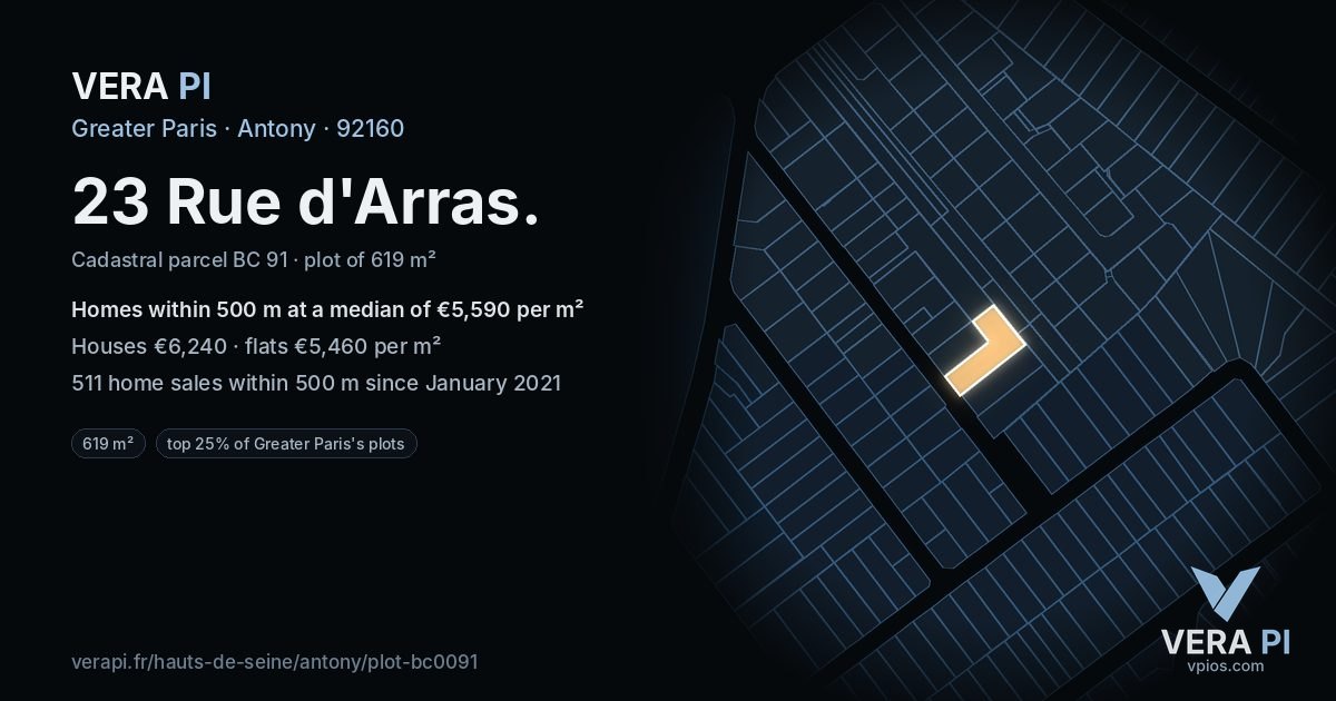 23 Rue d'Arras, Antony at night – the plot lit, the parcels around coloured by the prices near them
