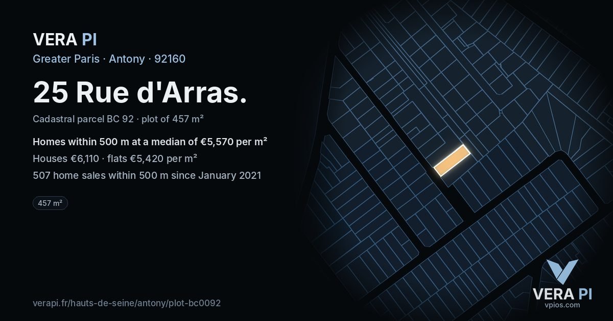 25 Rue d'Arras, Antony at night – the plot lit, the parcels around coloured by the prices near them