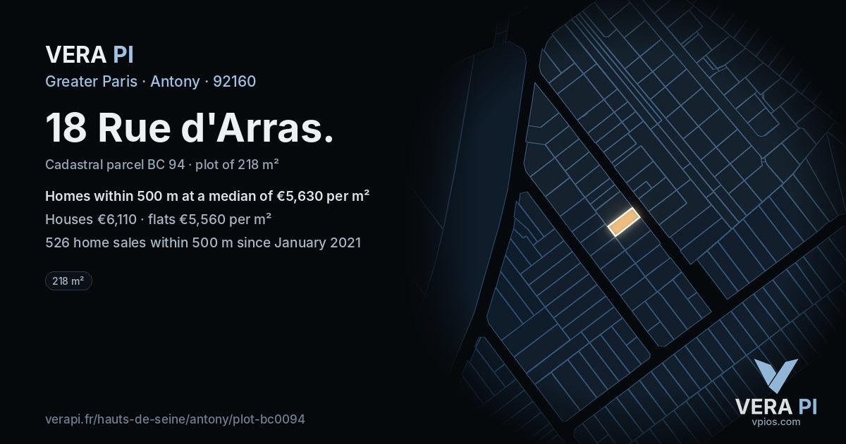 18 Rue d'Arras, Antony at night – the plot lit, the parcels around coloured by the prices near them