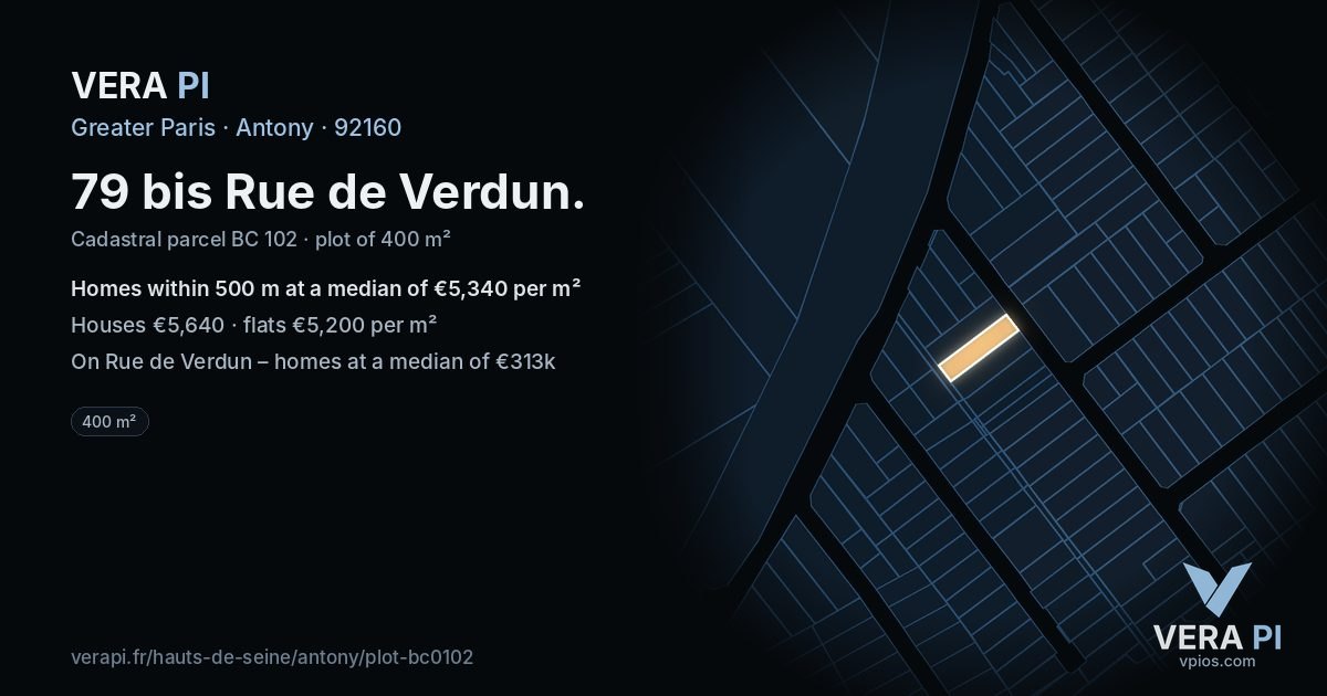 79 bis Rue de Verdun, Antony at night – the plot lit, the parcels around coloured by the prices near them