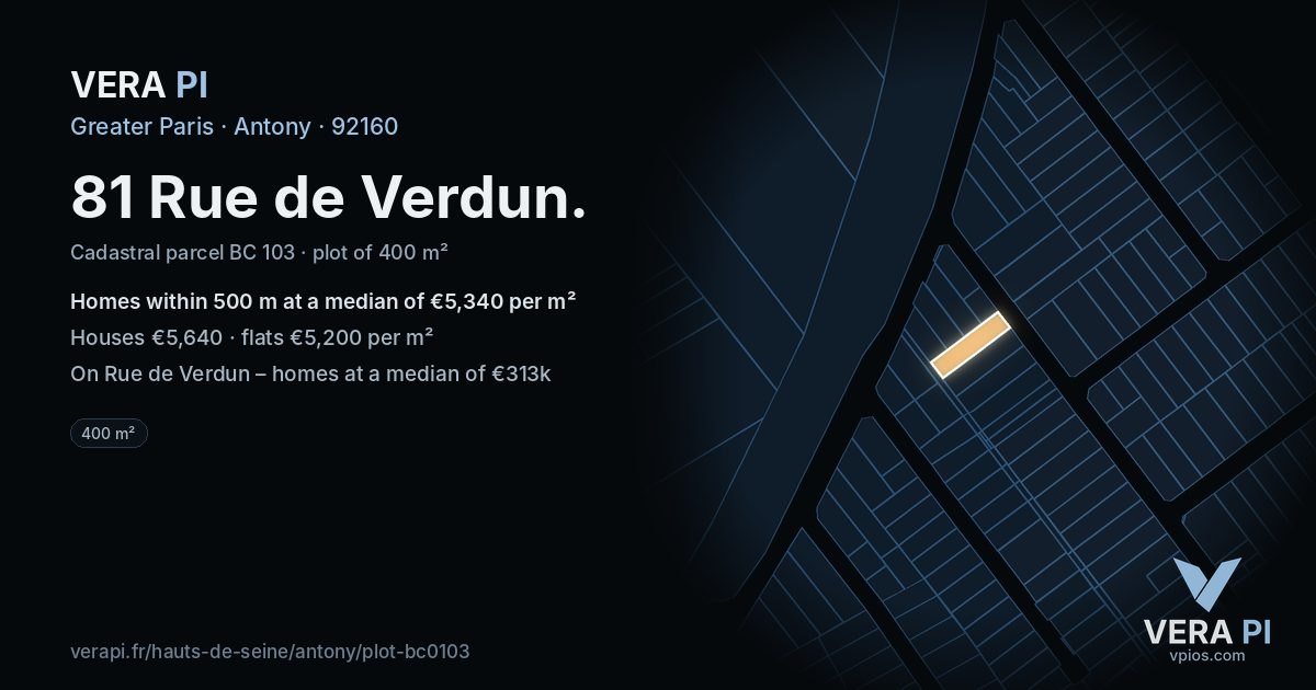 81 Rue de Verdun, Antony at night – the plot lit, the parcels around coloured by the prices near them