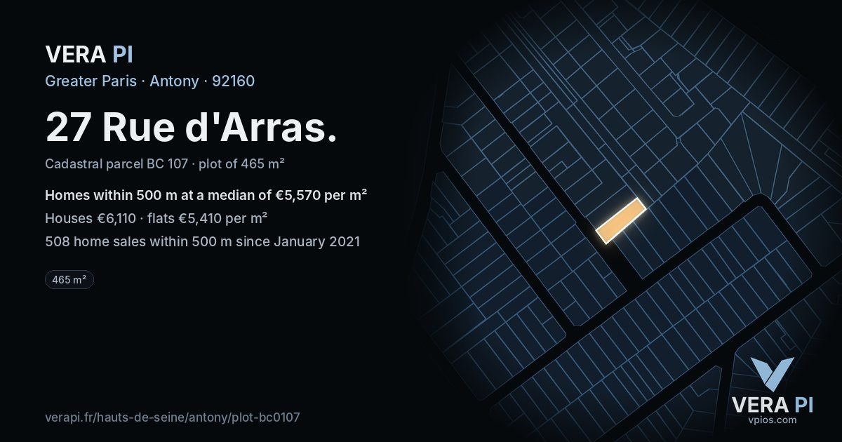 27 Rue d'Arras, Antony at night – the plot lit, the parcels around coloured by the prices near them