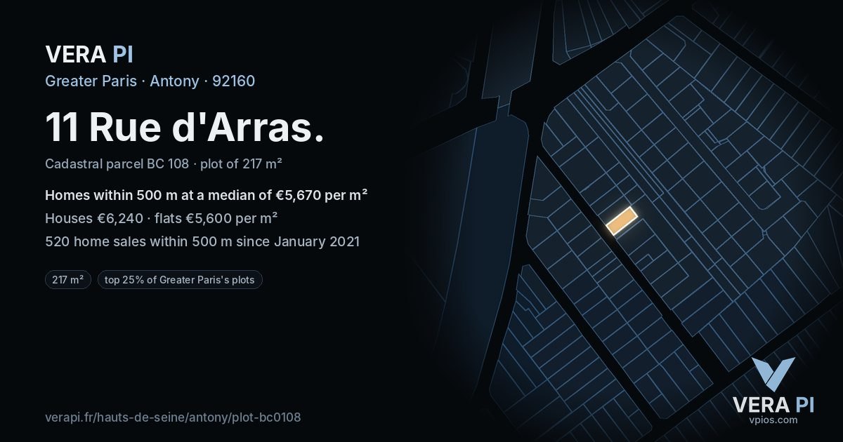 11 Rue d'Arras, Antony at night – the plot lit, the parcels around coloured by the prices near them