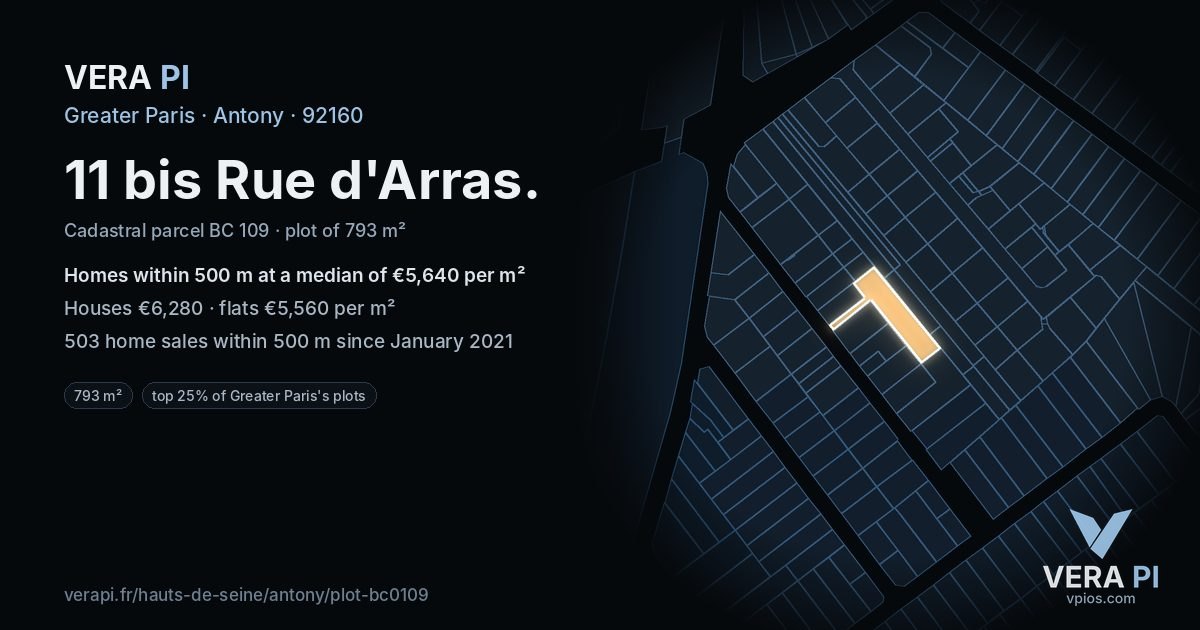 11 bis Rue d'Arras, Antony at night – the plot lit, the parcels around coloured by the prices near them