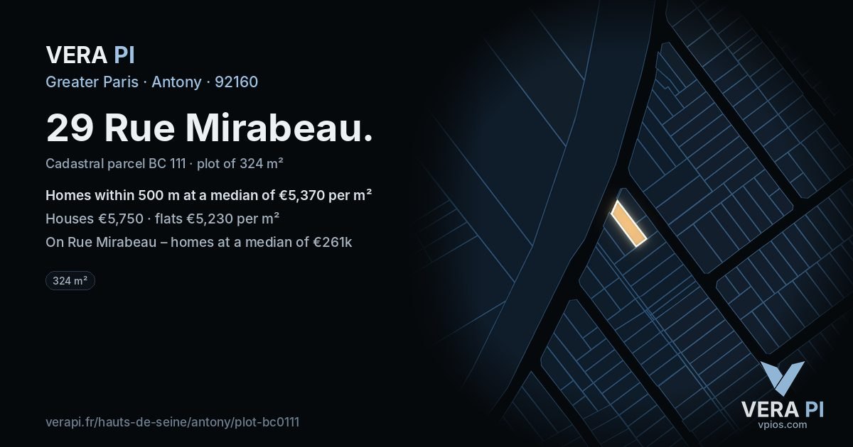 29 Rue Mirabeau, Antony at night – the plot lit, the parcels around coloured by the prices near them